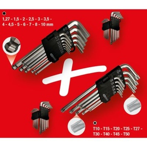 Right-angle wrench set, Torx, hexagon socket, 22 pieces