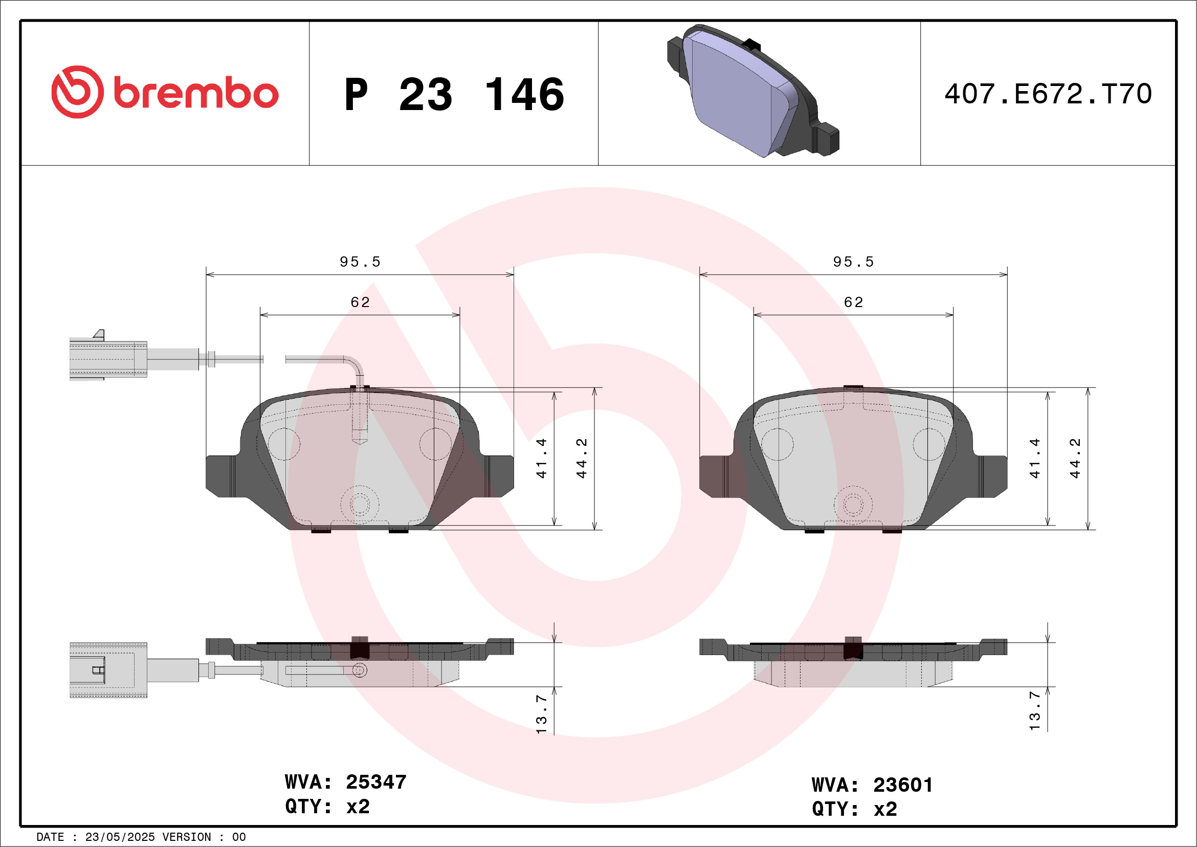 Pastiglia Freno Anteriore Brembo P 23 154 – Conforme ECE-R90, Equivalenti OE, Shim Antirumore, Con Indicatore Usura Elettrico, Larghezza 131,7 Mm